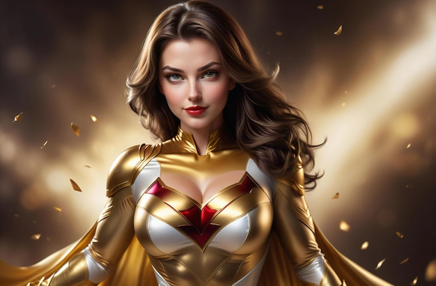 Superhero woman with golden confetti on a dark background