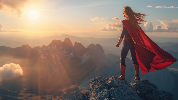 Photo superheroine on mountaintop at sunset