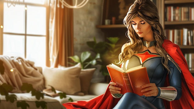 Superheroine Reading in Cozy Home Inspiring Female Power and Relaxation