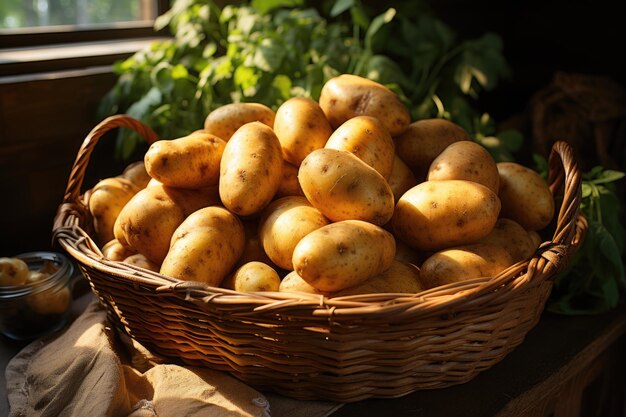 Superior view of potatoes in the basket with knife on the bottom of plaid cloth generative IA