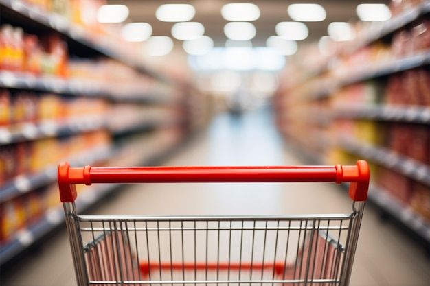 Supermarket aisle blur with an empty red shopping cart foreground