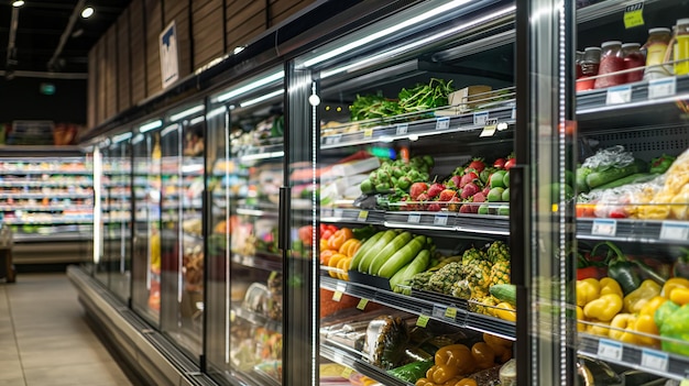 Supermarket Aisle with Mixed Produce and Vegetables