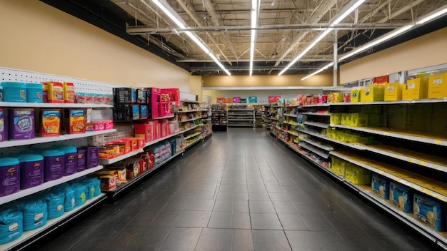 A supermarket aisle with shelves full of discounted products ready for Black Friday sale