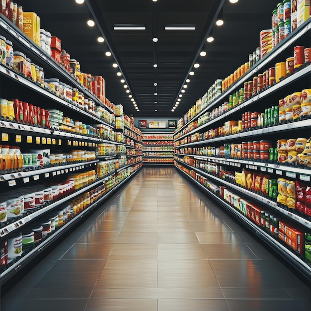 supermarket aisle with shelves full of food products in a grocery store