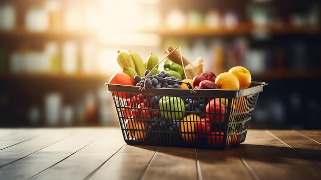 Supermarket Basket Full of Fruits and Vegetables with Copy Space