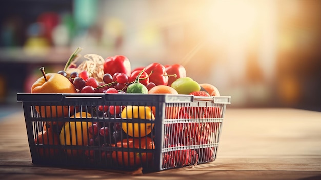 Supermarket Basket Full of Fruits and Vegetables with Copy Space