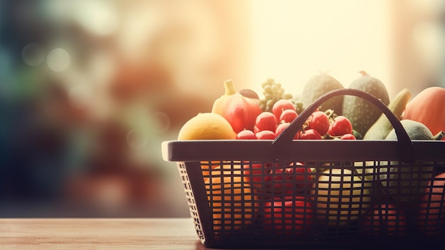 Supermarket Basket Full of Fruits and Vegetables with Copy Space