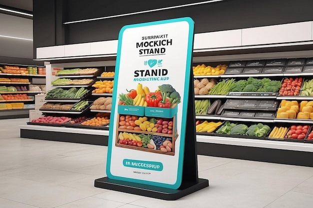 Supermarket Blank White Signboard Stand Mockup with Shopping Background