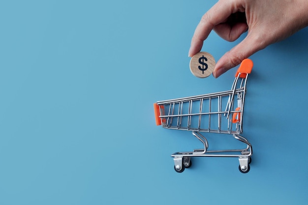 A supermarket cart and a dollar sign above it, a symbol of buying a dollar