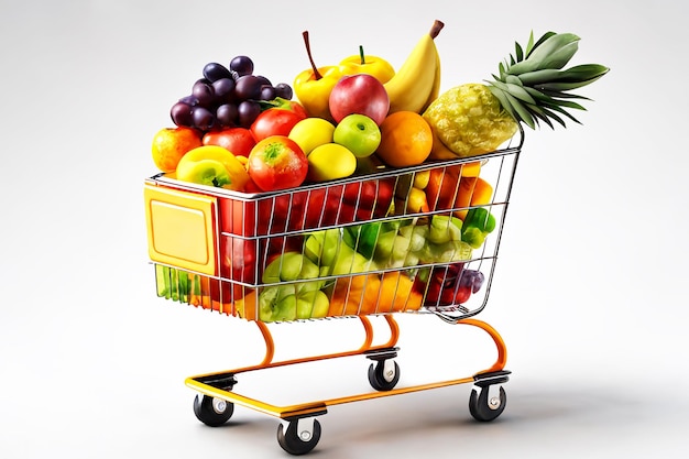 A supermarket cart full of different fruits and vegetables White background