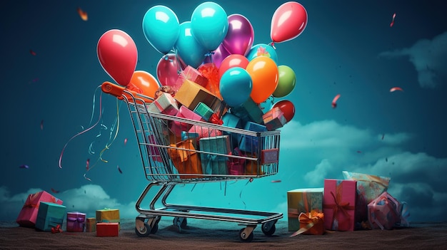 Supermarket cart with full of colorful balloons