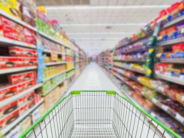 Supermarket concept Shopping cart and blurry picture