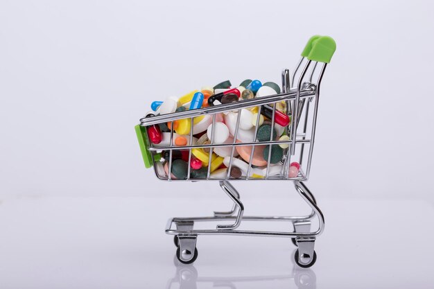 Supermarket grocery cart filled with medical pills