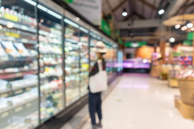 Supermarket grocery store aisle and shelves blurred background