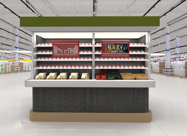 Supermarket interior with shelves box products and banners Blank rectangle shelfstoppers attached to empty shelf 3D Rendering