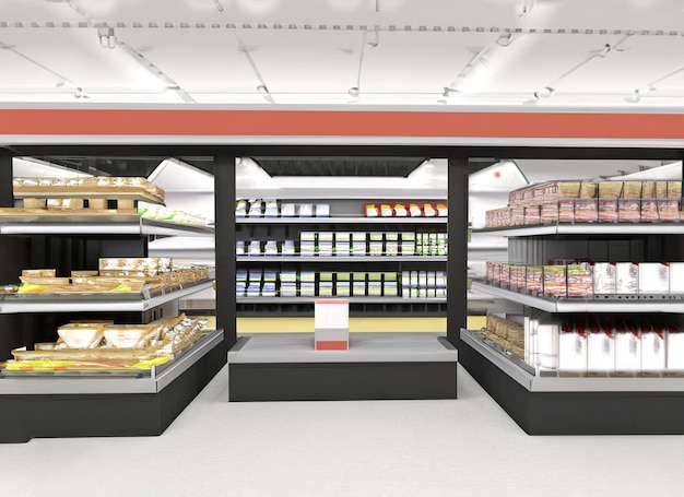 Supermarket interior with shelves box products and banners Blank rectangle shelfstoppers attached to empty shelf 3D Rendering