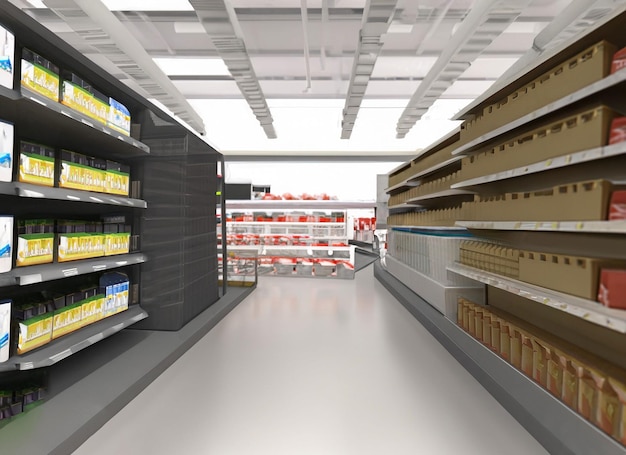 Supermarket interior with shelves box products and banners Blank rectangle shelfstoppers attached to empty shelf 3D Rendering