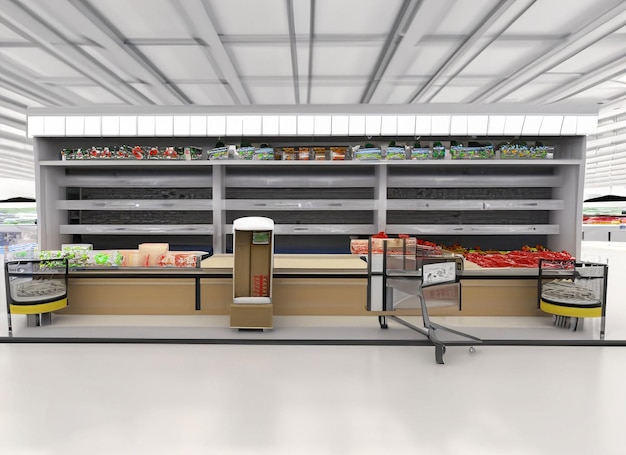 Supermarket interior with shelves box products and banners Blank rectangle shelfstoppers attached to empty shelf 3D Rendering