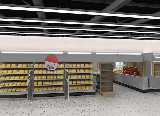 Supermarket interior with shelves box products and banners Blank rectangle shelfstoppers attached to empty shelf 3D Rendering