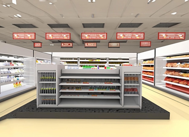 Supermarket interior with shelves box products and banners Blank rectangle shelfstoppers attached to empty shelf 3D Rendering