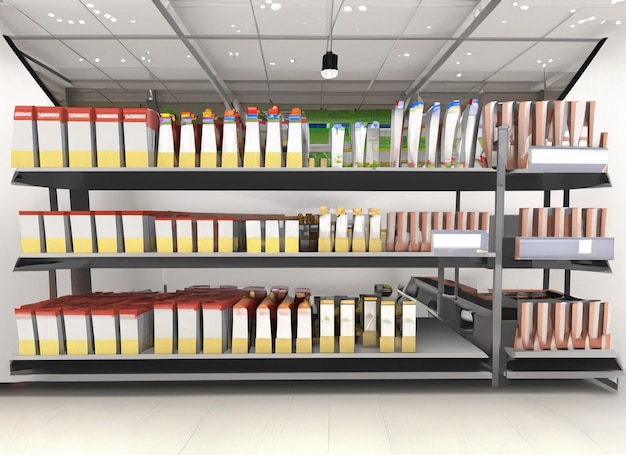 Supermarket interior with shelves box products and banners Blank rectangle shelfstoppers attached to empty shelf 3D Rendering