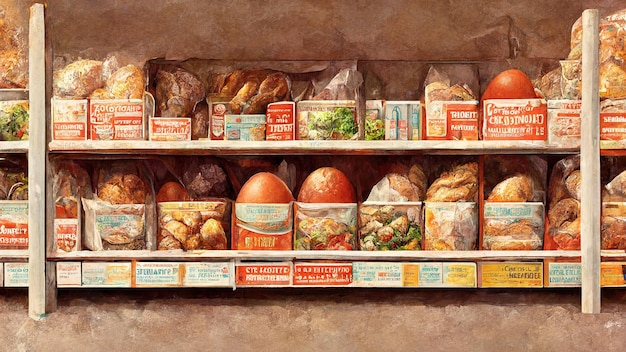 Supermarket shelf with bakery food groceries digital illustration