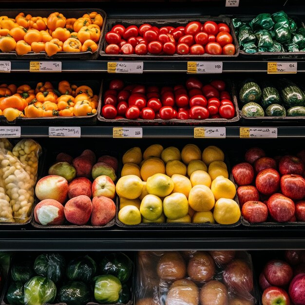 Photo supermarket shelves with variety of fruits and vegetables grocery store