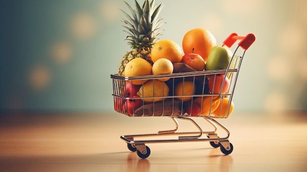 Supermarket Shopping Cart Full of Fruits and Vegetables with Copy Space