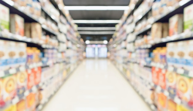 Supermarket store aisle interior abstract blurred background