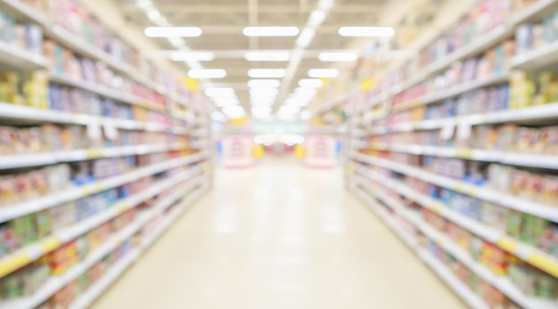 Supermarket store aisle interior abstract blurred background