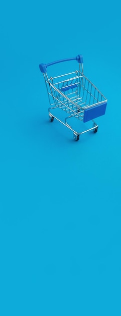 Supermarket trolley on blue panorama background