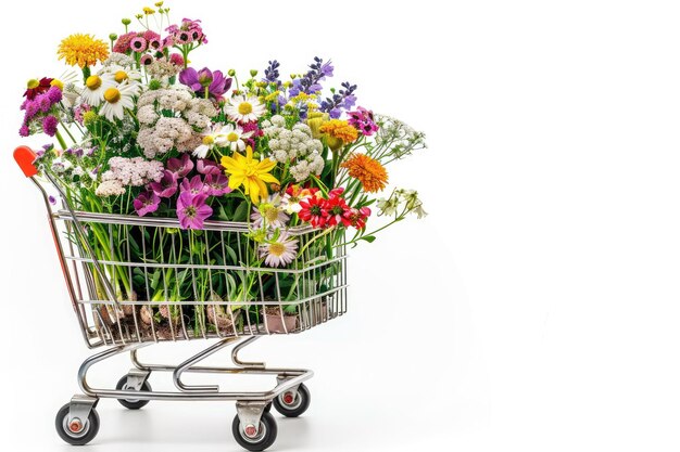 Photo supermarket trolley full of assorted flowers