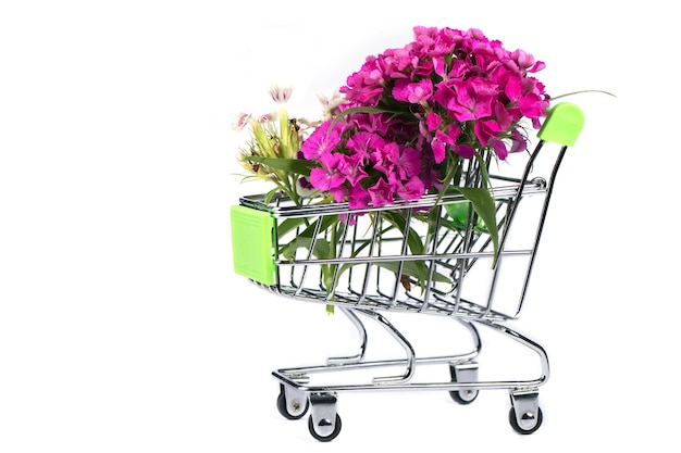 Supermarket trolley with flowers on a white background Sale of flowers