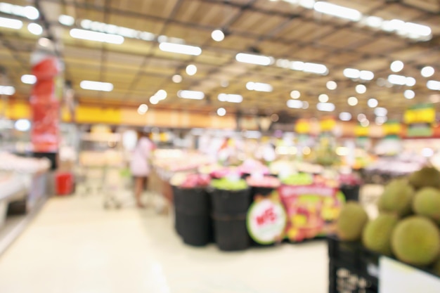 Supermarket with durian fruit on shelves blurred background with bokeh