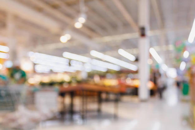 Supermarket with fresh food abstract blurred background with bokeh light