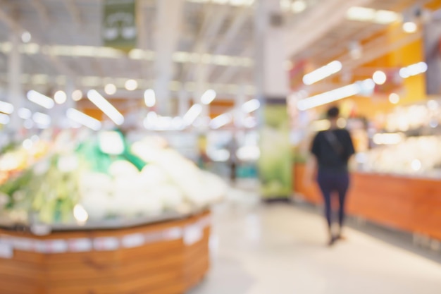 Supermarket with fresh food abstract blurred background with bokeh light