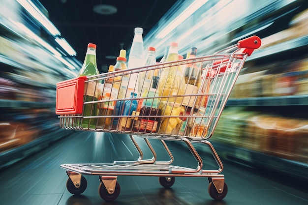 Supermarket with product shelves blur background with empty shopping cart on wood table