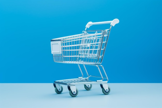 Supermarket with product shelves blur background with empty shopping cart on wood table