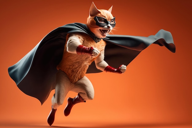 Superpet Cat as superhero with cape on orange background Created Generative Ai