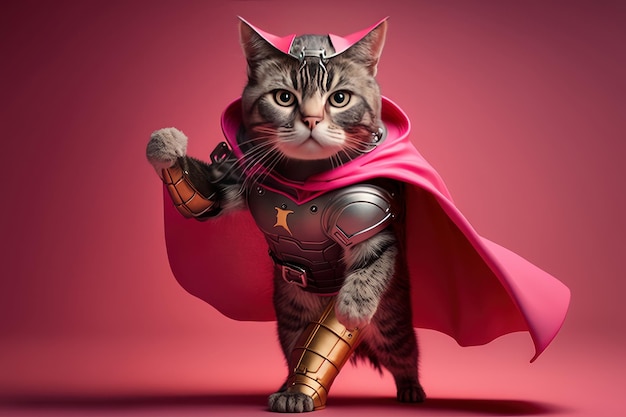 Superpet Cat as superhero with cape on pink background Created Generative Ai