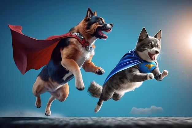 Superpet Cat and Dog as superheroes with cape on blue background Created Generative Ai