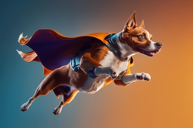 Superpet Dog as superhero with cape background Created Generative Ai