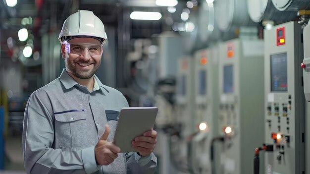 Photo supervisor in professional attire and helmet expressing satisfaction with a thumbsup while analyzing power plant operations on a digital tablet