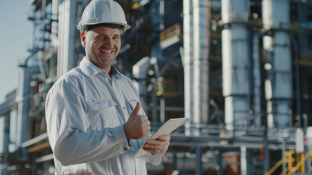 Photo supervisor in professional attire and helmet expressing satisfaction with a thumbsup while analyzing power plant operations on a digital tablet