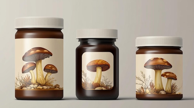 Photo supplemental food package design template private label healthy food package design mockup mushroom complex organic healthy supplement package design box jar and bottle stickers