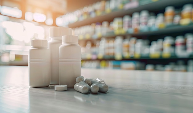 Supplements and medication bottles on pharmacy shelf