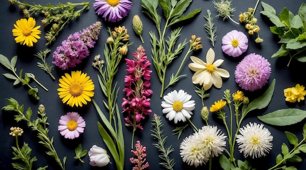 Supplements and Medicinal Herbs and Flowers Arranged on a Dark Background