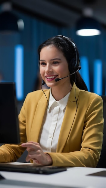 Support center operator with headset