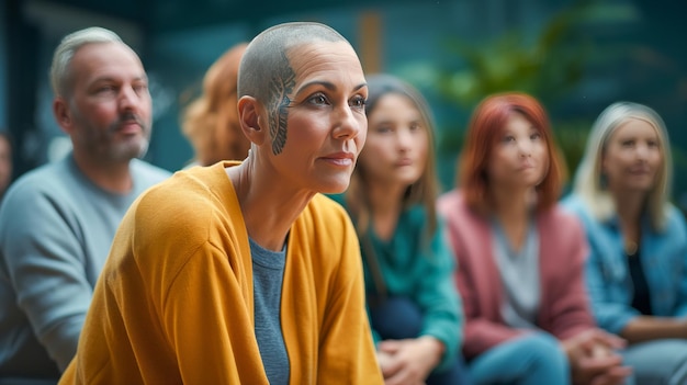 Photo supportive community for cancer patients a diverse group in their thirties with shaved heads