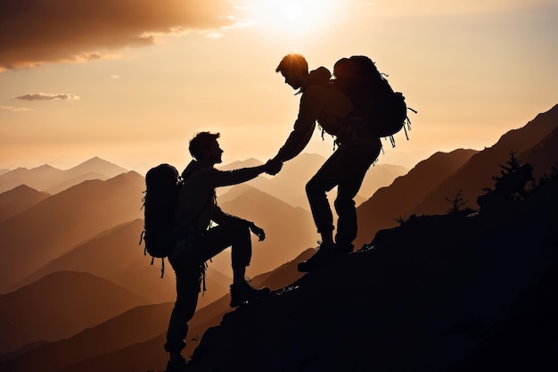 Supportive Hiker Silhouettes Scaling the Mountain Together AI Generated